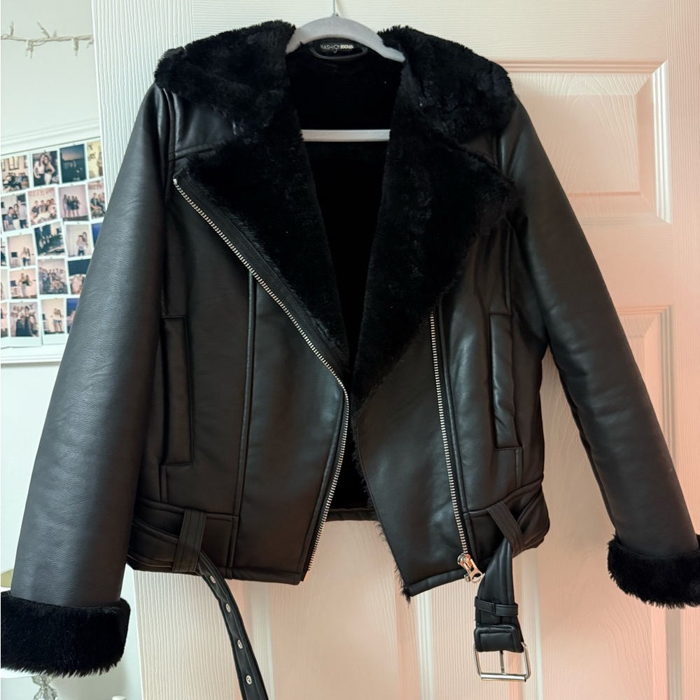 Fashion Nova Black Faux Leather Shearling Biker Jacket